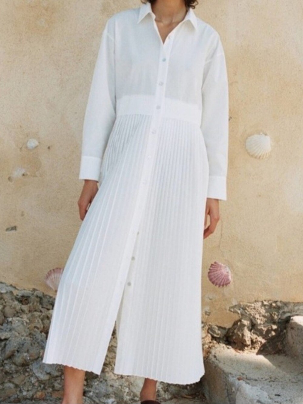 Zara White Long-Sleeve Pleated Midi Shirt Dress